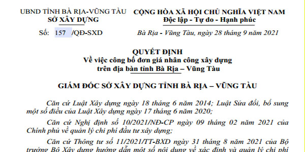 Quyết định 157/QĐ-SXD đơn giá nhân công tỉnh Bà Rịa Vũng Tàu năm 2021
