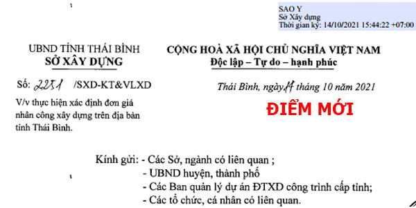 Công bố số 2251/SXD-KT&VLXD đơn giá nhân công xây dựng tỉnh Thái Bình