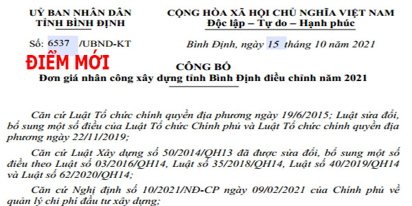 Công văn 6537/UBND-KT nhân công xây dựng tỉnh Bình Định năm 2021