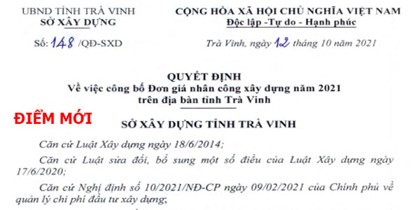 Đơn giá nhân công tỉnh Trà Vinh 2021