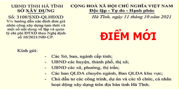 Đơn giá nhân công tỉnh Hà Tĩnh năm 2021 Công văn 3108/SXD-QLHĐXD