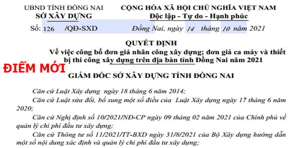Quyết định 126/QĐ-SXD ngày 14/10/2021 đơn giá nhân công xây dựng tỉnh Đồng Nai