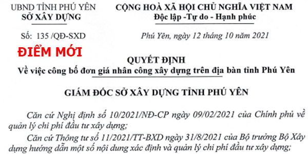 Đơn giá nhân công tỉnh Phú Yên năm 2021 theo Quyết định 135/QĐ-SXD