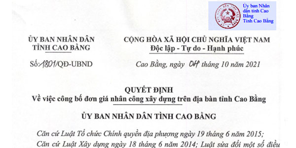 Quyết định 1801/QĐ-UBND đơn giá nhân công xây dựng tỉnh Cao Bằng