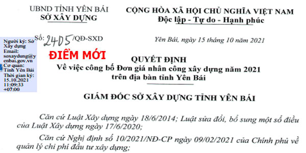 đơn giá nhân công tỉnh Yên Bái năm 2021 Quyết định 2405/QĐ-UBND