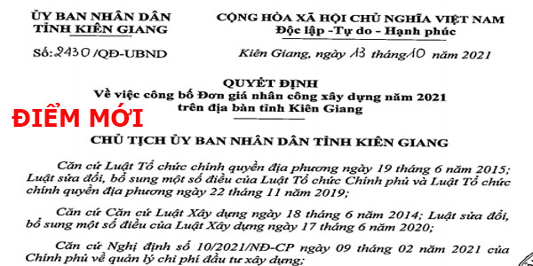 Quyết định 2430/QĐ-UBND đơn giá nhân công xây dựng tỉnh Kiên Giang