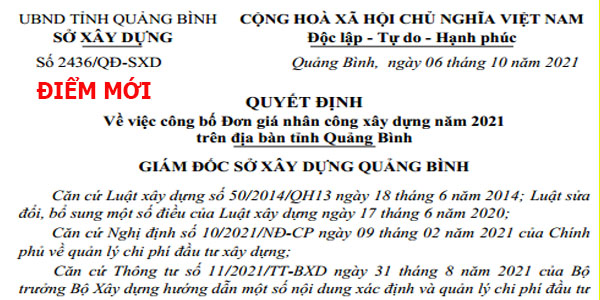 Quyết định 2436/QĐ-SXD đơn giá nhân công xây dựng tỉnh Quảng Bình
