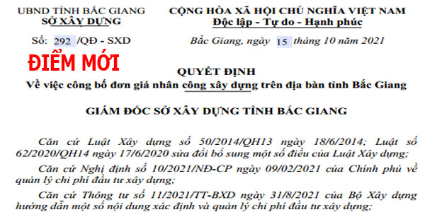Quyết định số 292/QĐ-SXD đơn giá nhân công xây dựng tỉnh Bắc Giang
