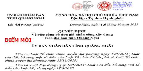 Đơn giá nhân công tỉnh Quảng Ngãi năm 2021 Quyết định 989/QĐ-UBND
