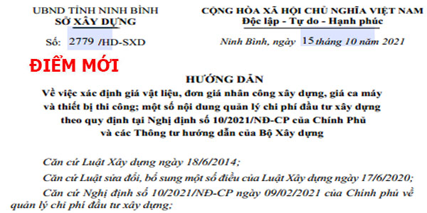 Văn bản số 2779/HD-SXD đơn giá nhân công xây dựng tỉnh Ninh Bình