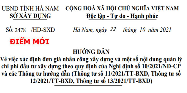 Lập dự toán tỉnh Hà Nam Thông tư 12/2021/tt-bxd