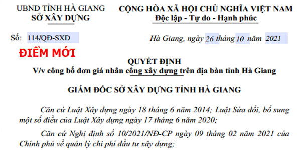 Đơn giá nhân công tỉnh Hà Giang năm 2021 theo Quyết định 114/QĐ-SXD