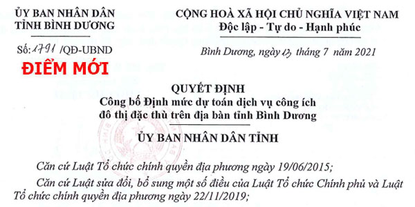 Quyết định 1791/QĐ-UBND Đơn giá dịch vụ công ích Bình Dương
