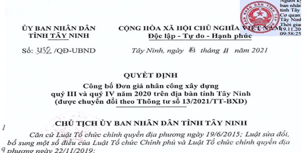 Quyết định 3132/QĐ-UBND Đơn giá nhân công xây dựng tỉnh Tây Ninh