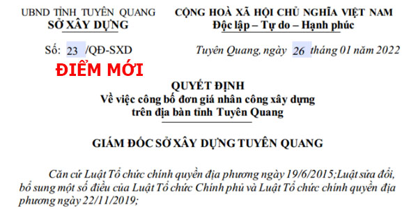 Quyết định 23/QĐ-SXD Đơn giá nhân công tỉnh Tuyên Quang năm 2022