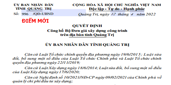 Quyết định 994/QĐ-UBND Đơn giá xây dựng tỉnh Quảng Trị