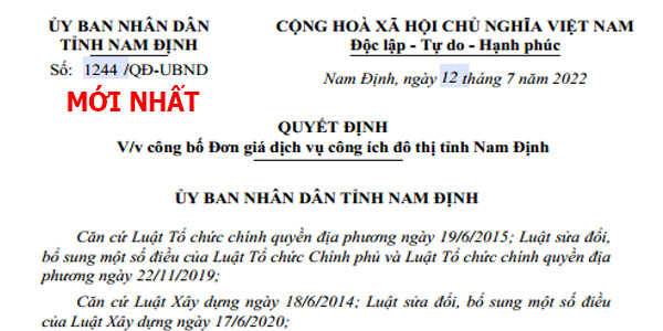 Quyết định 1244/QĐ-ubnd Đơn giá công ích tỉnh Nam Định