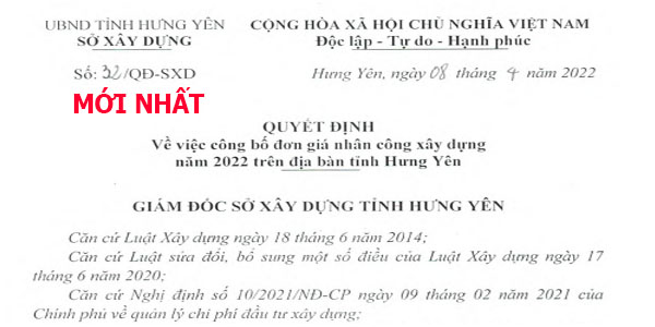 Quyết định 32/QĐ-SXD đơn giá nhân công Hưng Yên