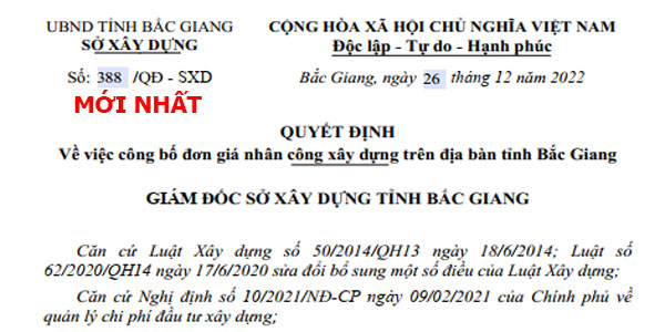 đơn giá nhân công tỉnh bắc giang quyết định 388/QĐ-SXD