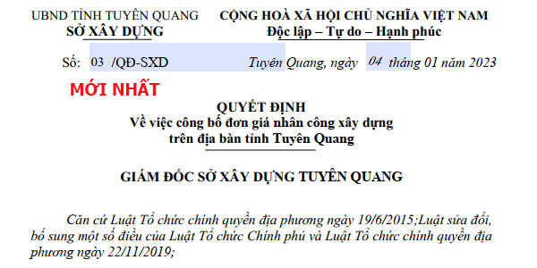 Đơn giá nhân công tỉnh Tuyên Quang năm 2023 Quyết định 03/QĐ-SXD