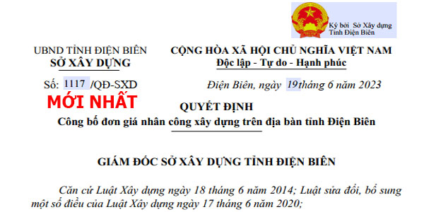 Quyết định số 1117/QĐ-SXD đơn giá nhân công tỉnh Điện Biên năm 2023