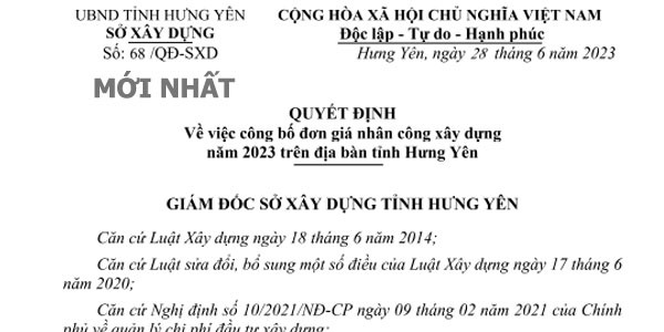 Quyết định 68/qđ-sxd đơn giá nhân công Hưng Yên 2023