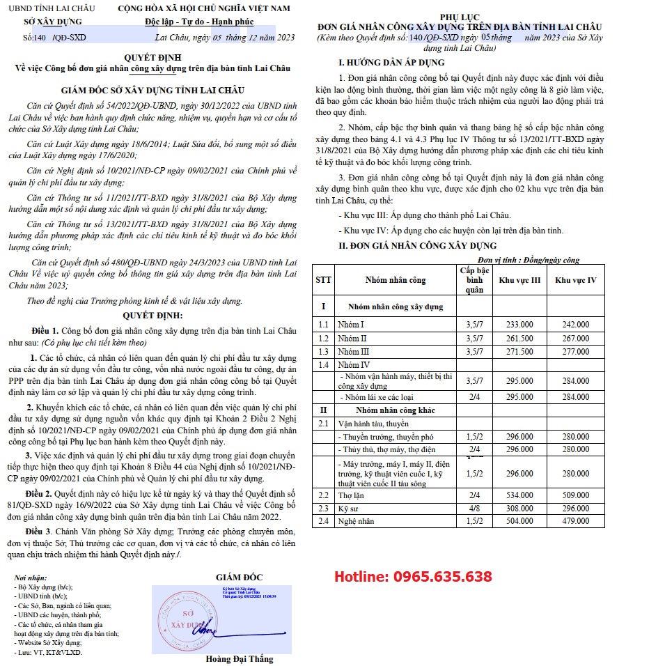 Quyết định 140/QĐ-SXD đơn giá nhân công xây dựng tỉnh Lai Châu