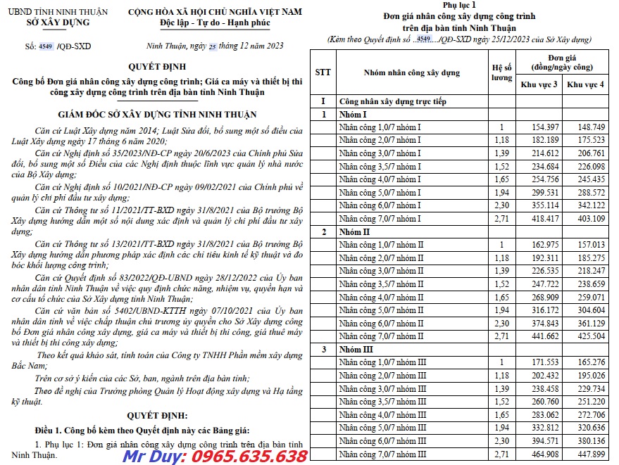 quyết định 4549/qđ-sxd đơn giá nhân công Ninh Thuận
