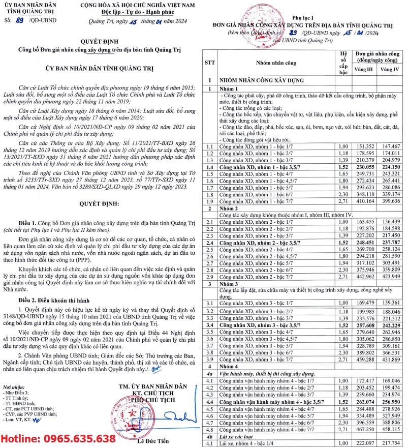 Quyết định 89/QĐ-UBND Đơn giá nhân công tỉnh Quảng Trị năm 2024