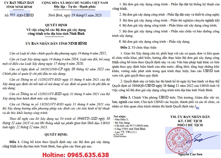 Quyết định 955/QĐ-UBND Đơn giá khảo sát tỉnh Ninh Bình năm 2024