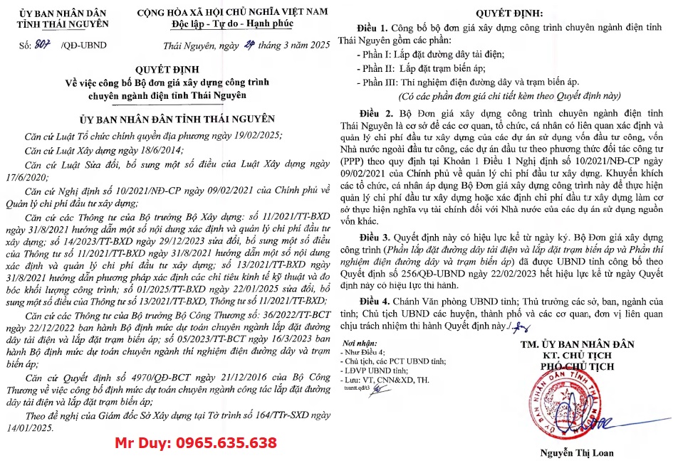 Quyết định 807/QĐ-UBND đơn giá chuyên ngành điện Thái Nguyên