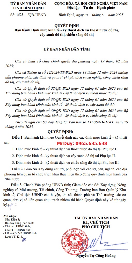 Quyết định 1525/QĐ-UBND định mức công ích đô thị tỉnh Bình Định