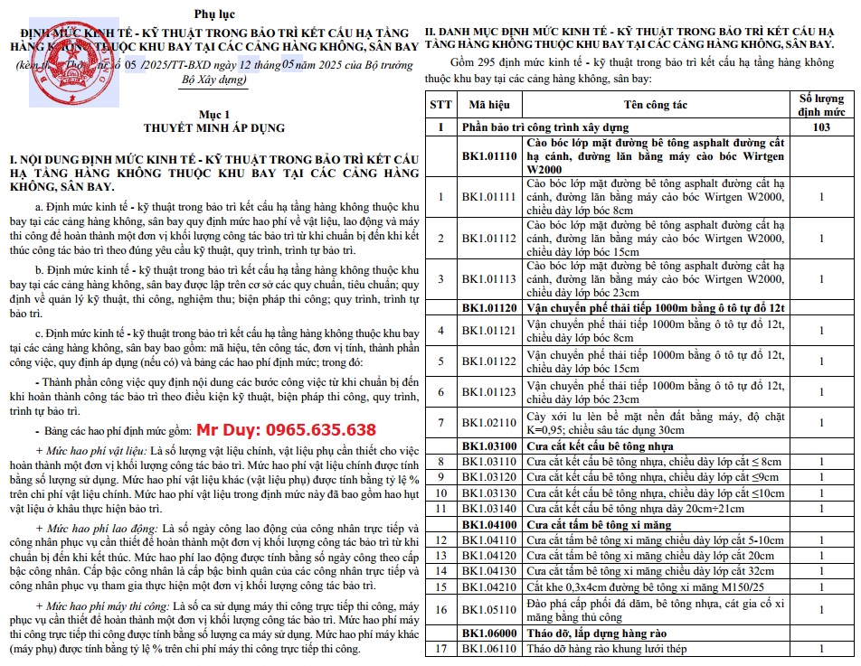 Thông tư 05/2025/TT-BXD Định mức bảo trì kết cấu hạ tầng hàng không