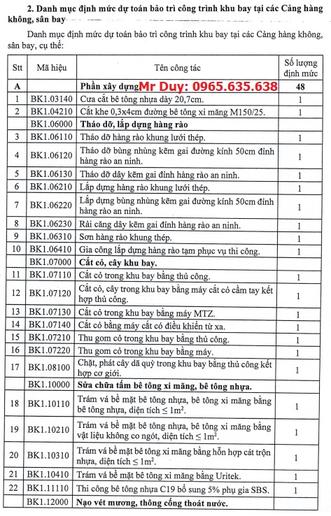 định mức dự toán bảo trì công trình khu bay