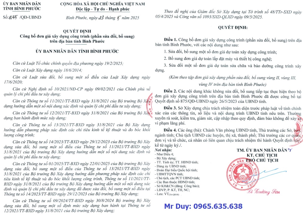 Quyết định 1045/QĐ-UBND Đơn giá xây dựng tỉnh Bình Phước