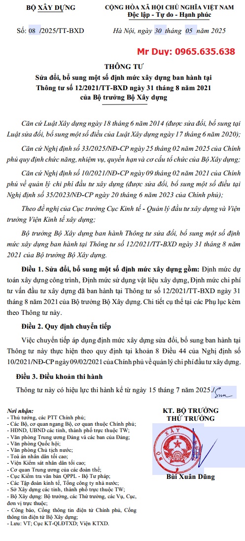 Thông tư 08/2025/TT-BXD của Bộ Xây dựng