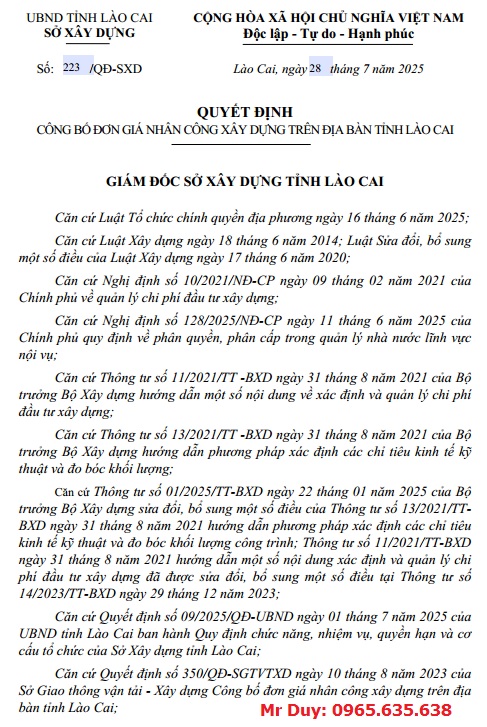 Đơn giá nhân công tỉnh Lào Cai năm 2025 Quyết định 223/QĐ-SXD