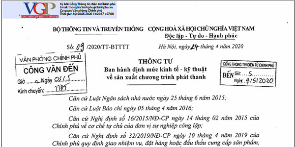 định mức sản xuất chương trình phát thanh thông tư 09/2020/tt-btttt
