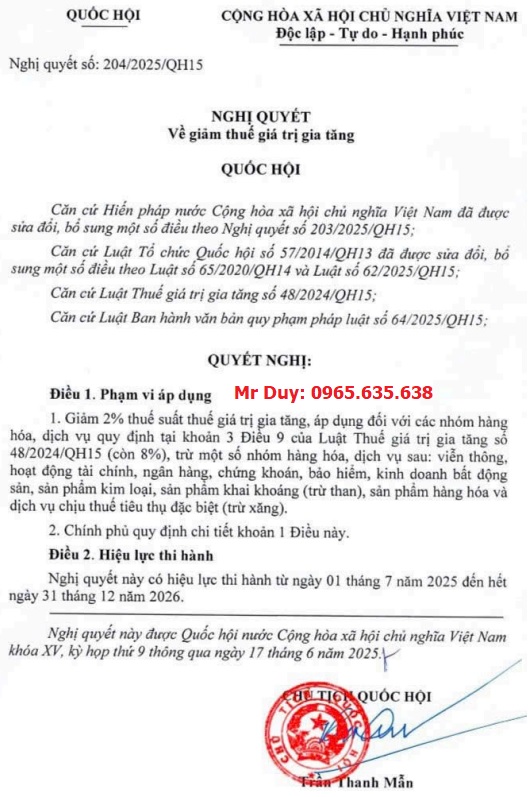 Nghị quyết 204/2025/QH15 Giảm thuế GTGT