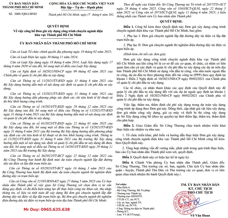 Quyết định 3000/QĐ-UBND đơn giá chuyên ngành điện Hồ Chí Minh