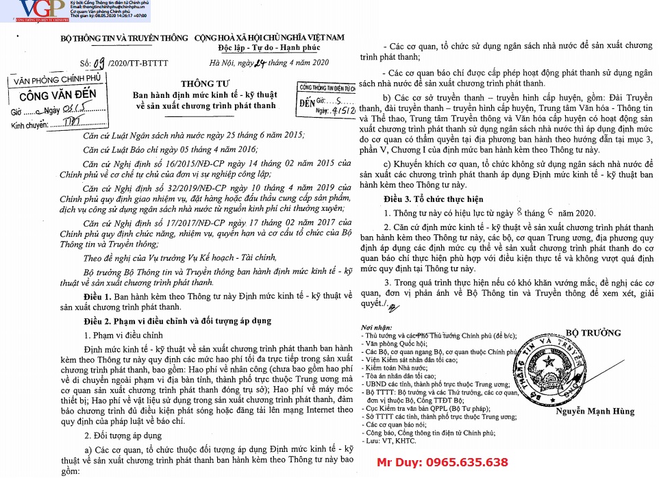 Thông tư 09/2020/TT-BTTTT định mức sản xuất chương trình phát thanh