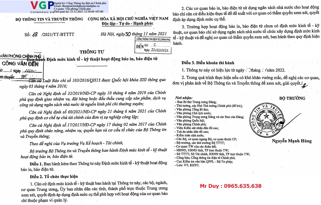 thông tư 18/2021/tt-btttt định mức báo in báo điện tử
