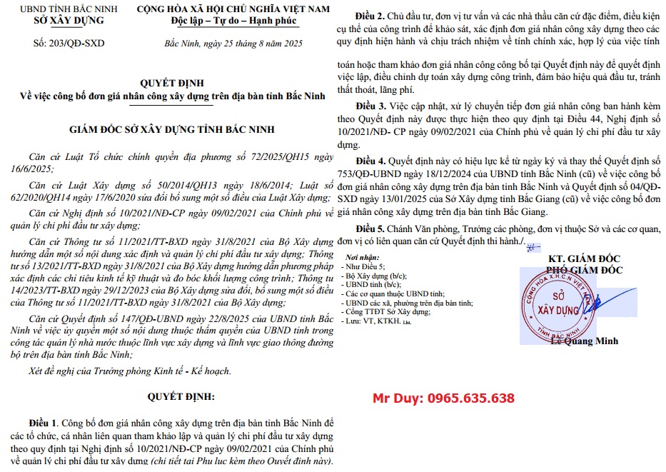 Quyết định 203/QĐ-SXD Đơn giá nhân công Bắc Ninh năm 2025