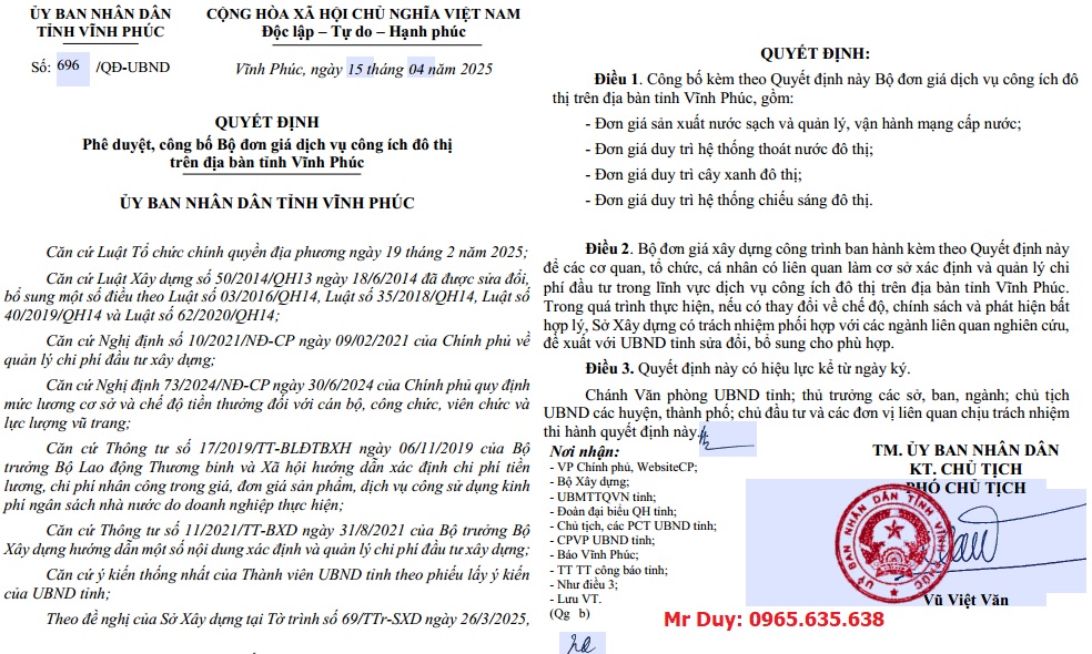 Quyết định 696/QĐ-UBND đơn giá công ích đô thị tỉnh Vĩnh Phúc