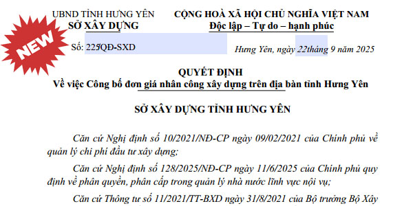 Đơn giá nhân công tỉnh Hưng Yên năm 2026