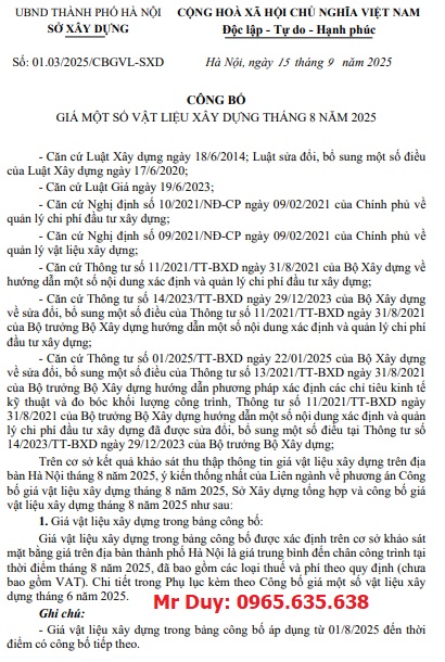 giá vật liệu xây dựng Hà Nội quý 3 năm 2025