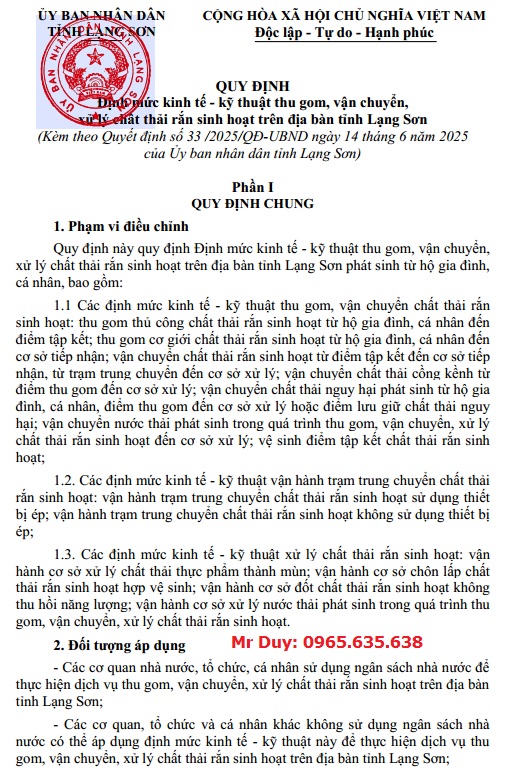 Quyết định 33/2025/QĐ-UBND Định mức thu gom rác thải Lạng Sơn