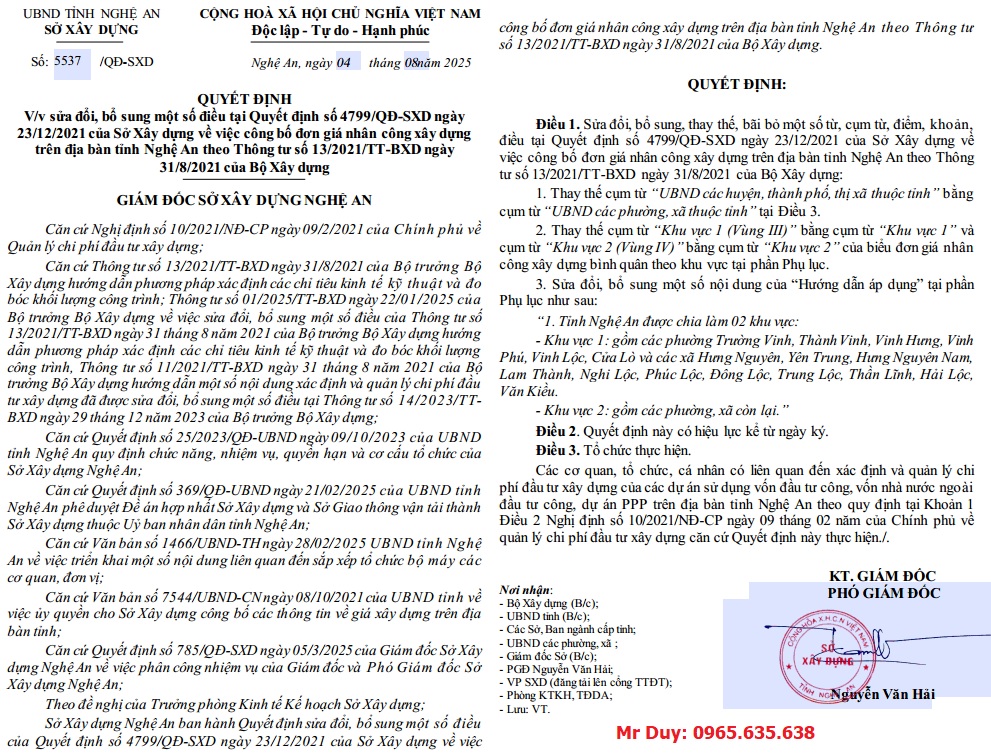 Quyết định 5537/QĐ-SXD Đơn giá nhân công tỉnh Nghệ An