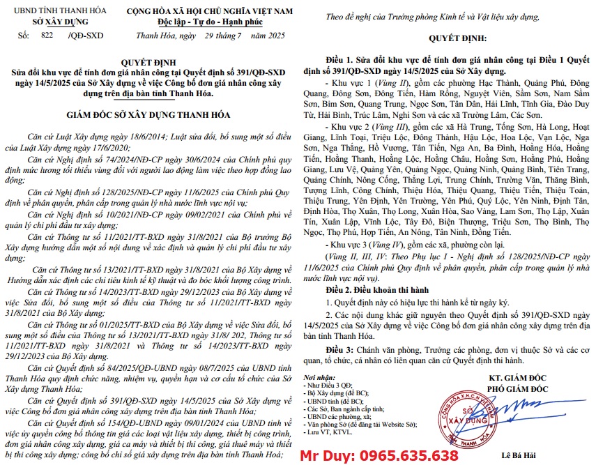 Quyết định 822/QĐ-SXD Đơn giá nhân công Thanh Hóa năm 2025