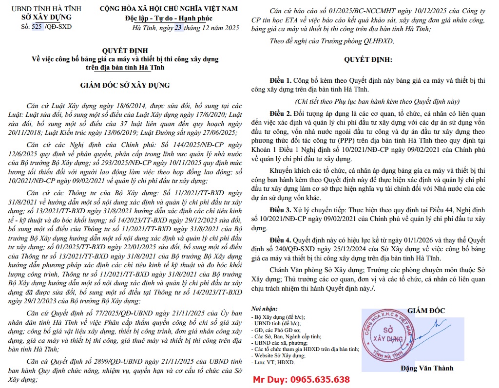 Bảng giá ca máy Hà Tĩnh năm 2026 Quyết định 525/QĐ-SXD